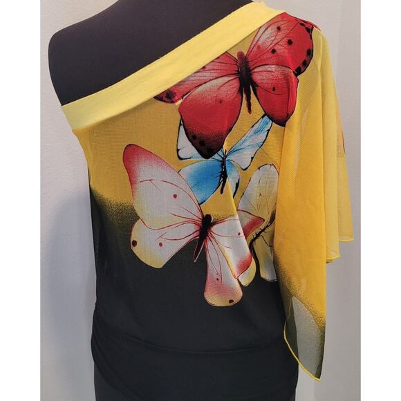 Y2K Ombre Butterfly One Shoulder Top Yellow Black Vintage Small - Picture 2 of 8